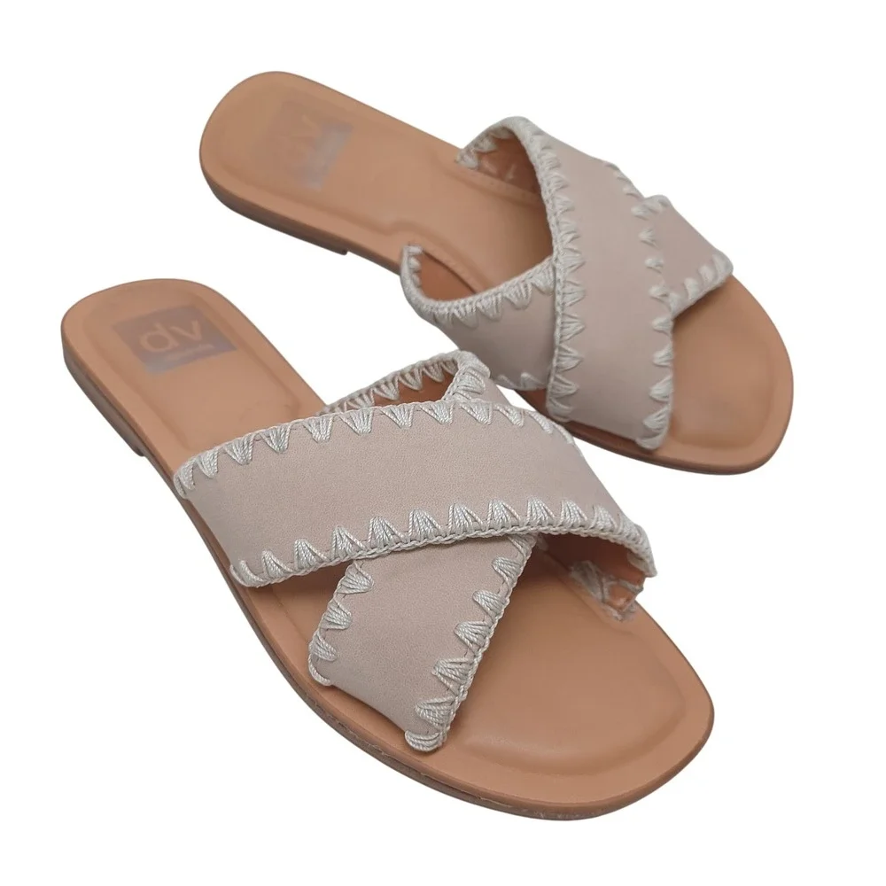 DV‎ Dolce Vita Juneau Nude Beige Whipstitch Crisscross Slide Sandals Womens 7.5